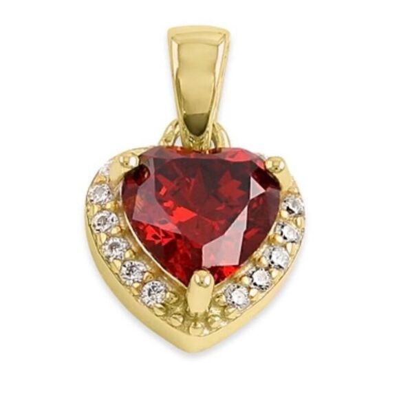Sterling Silver Gold Plated Small Garnet + Clear CZ Heart Charm Pendant New - Picture 2 of 4